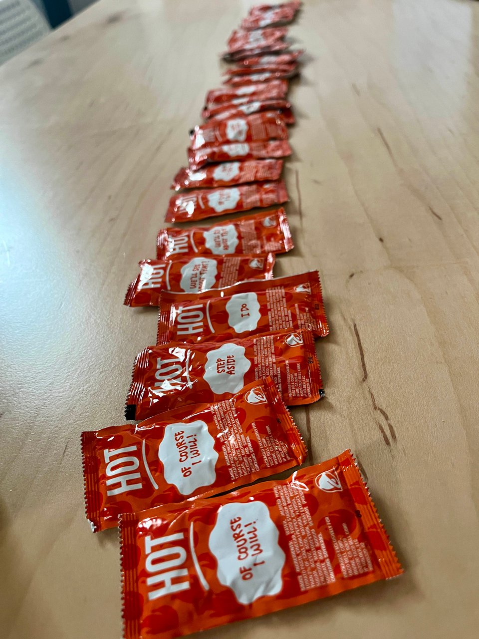 A long line of hot sauce.
