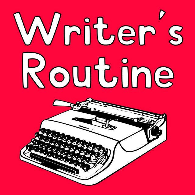 Image reads "Writer's Routine" and shows a white typewriter. The background is red.