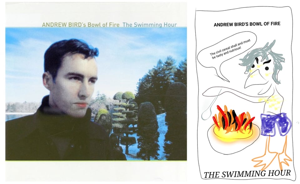 A color photograph of Andrew Bird, a white man with short, nicely-styled dark hair. The coloring of the photo makes his skin whiter and his lips pinker than I think is actually real. He is wearing a thick dark jacket. He's standing outside where the ground is covered with snow. Behind him are a line of trees that have had their branches and leaves trimmed and styled into a series of discs that run up the length of the trunks.