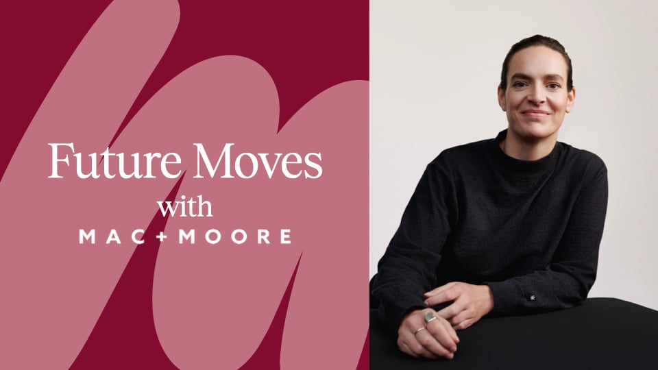 The words Future Moves with Mac+More sit on top of a red and pink background. To the right, a photo of Alix Dunn, she wear a black jumper
