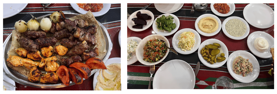 Two images of food: the first is a platter of grilled chicke nand meat, with grilled tomatoes and onions; the second is a collection of about a dozen small plates filled with various dips and salads