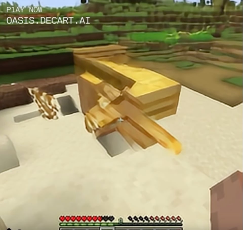 A screenshot of the AI version of Minecraft, in which everything is blurry and badly rendered. In the background there appeared to be hills covered in grass. In the foreground there is a very mangled wooden block that appears to be transforming into something else, though what this shape is remains unclear.