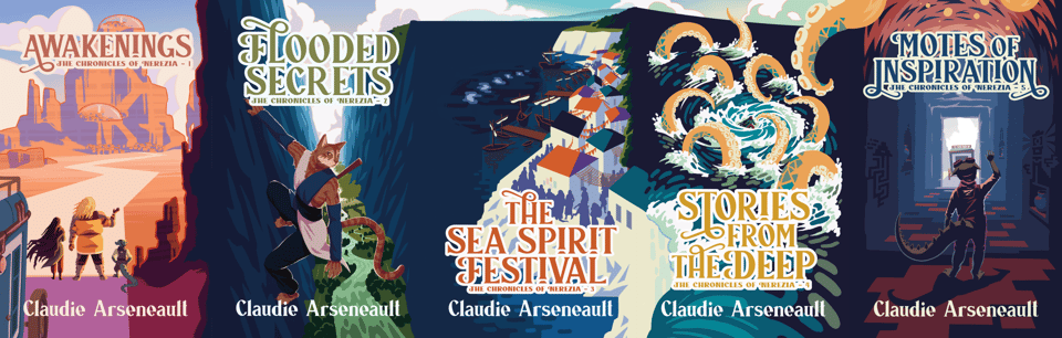 A cover spread of all five Nerezia novellas. They form a continuous canvas that flows from one cover to the other.