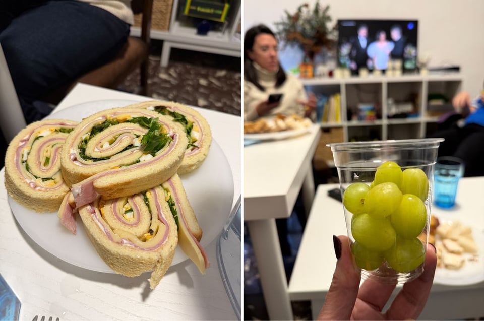 Two photos next to each other. Left shows rolls of 'pionono' filled with ham, cheese, lettuce and hard boiled eggs. The right hand photo is of a hand holding a small clear plastic cup filled with 12 green grapes.