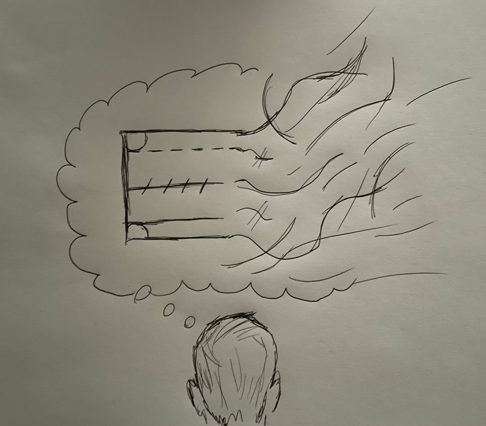 A sketch of a person thinking about an abstract shape. Uniform on one side, spilling out on the other