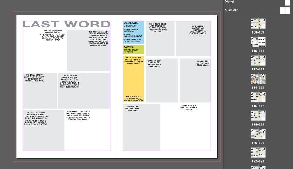 An InDesign spread of the recipe for the Last Word, with the pages palette open