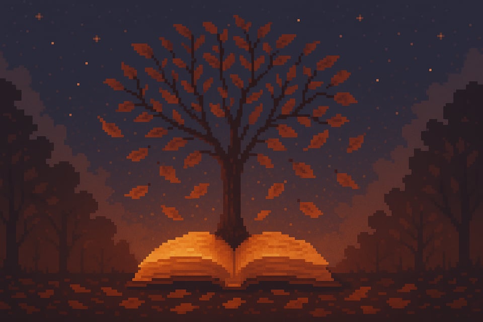 Pixel art illustration of an open book floating in a starry night sky. The book’s pages glow softly, and above it hangs a speech bubble filled with unreadable pixel text, as if the book itself is speaking. The scene has a warm, retro-futurist palette of b