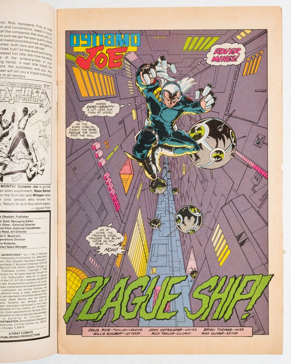 title page of Dynamo Joe showing a character with a white mullet flying through the air of a spaceship corridor
