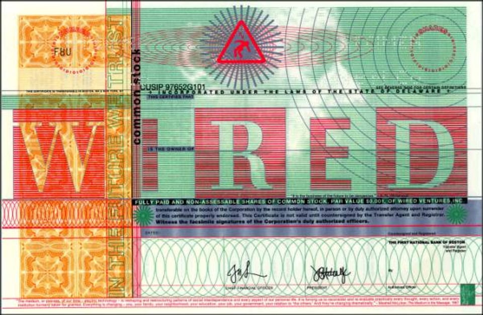 Wired Ventures Inc. 1996 stock certificate, with ornate layout straight out of the Raygun school of media aesthetics