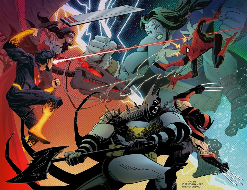 Absolute Wonder Woman/Superman/Batman vs. Ultimate She-Hulk/Spider-Man/Wolverine by Jose Fernandez.