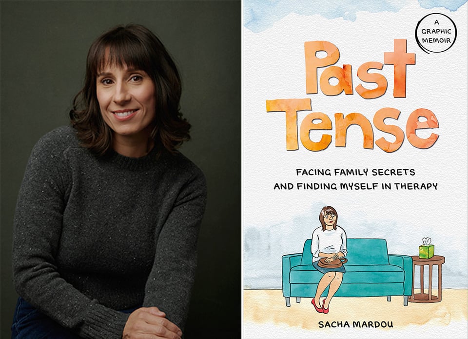 Two photos: left, author Sacha Mardou in black donegal sweater; right, cover of Sacha’s book, Past Tense
