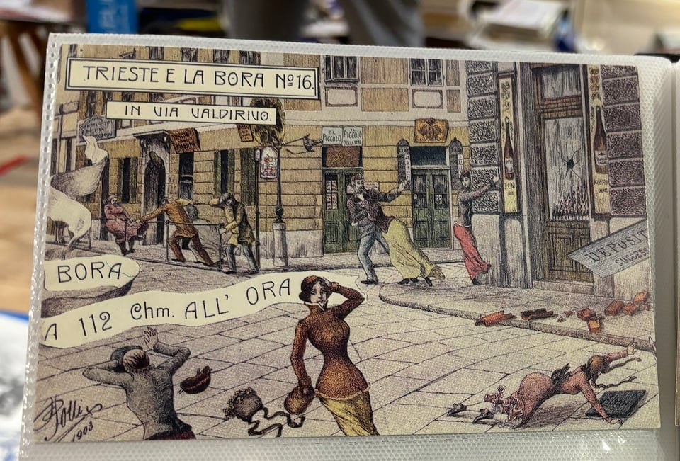 Nineteenth-century-styled Triestini clinging onto walls, illustrations etc