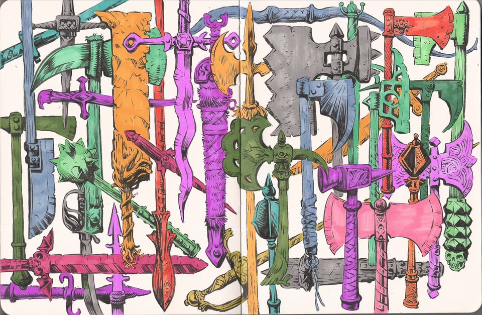a drawing of multiple weapons