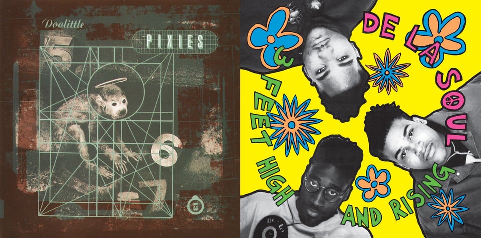 First pic: On a brown background is a monotone photo of a small monkey. The monkey has a halo and is surrounded by three numbers: 5,6 and 7. The picture of the monkey has a green outline of a box around it, and within that box are green lines that make a bunch of connected shapes: squares, rectangles, circles, triangles, stars, trapezoids. etc. Second pic: Black and white photos of three young Black men, arranged in a circle as if you are on the ground and they are looking down at you from above. The background is very bright yellow. There are hand drawn flower shapes in blue and orange arranged around them.