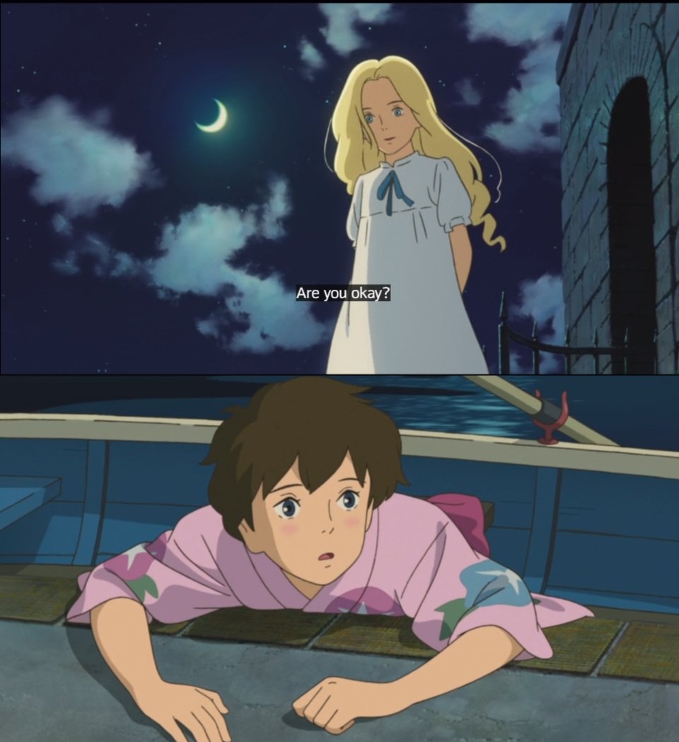 A collage of two screencaps. In the first, Marnie says, "Are you okay?" to Anna, who is shown blushing in the second.