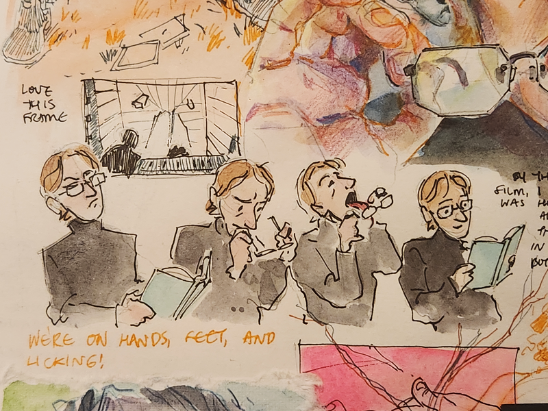 A sketchbook page showing a man licking his eyeglasses.