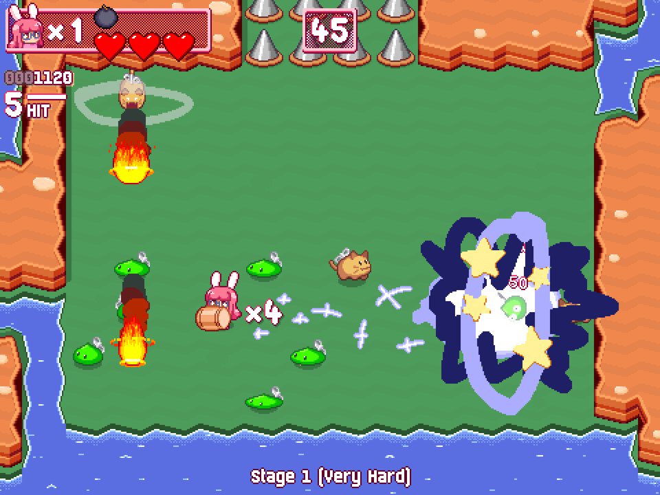 some crudely drawn visual effects: fireballs with smoke trails and a shockwave behind them, and an enemy flying across the screen with a trail of sparkles behind it and a shower of stars and sparks where it collides with another enemy