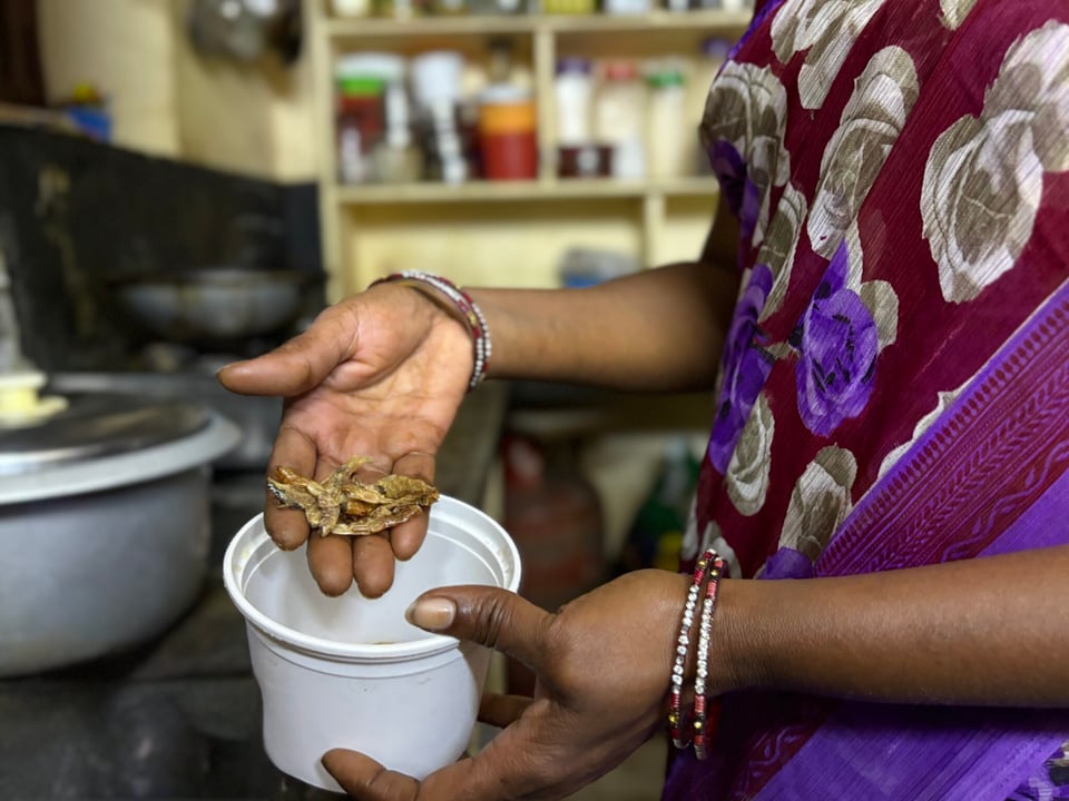 An Indian woman takes out shrimp from a white container with her right hand