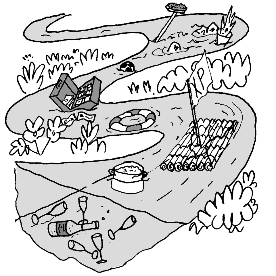 [An illustration of a winding river, various objects being carried downstream: a sign, a potted plant, a soccer ball, a box of cash, an inner tube, a raft with an XP flag, some wine glasses.]