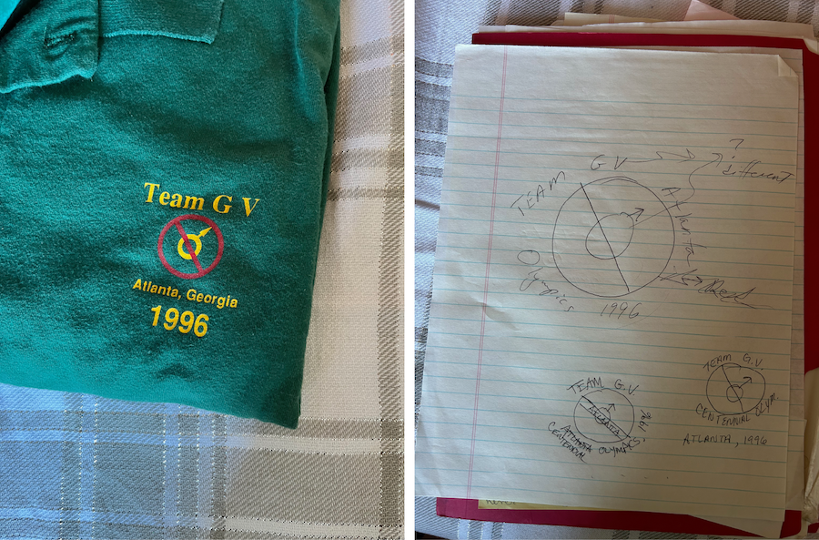 On the left, a green polo shit with a little logo printed on it in yellow letters that says "Team GV, Atlanta, Georgia 1996" and has a little symbol for male with a red circle and cross through it. On the right, a page out of a notebook where they were sketching out the design for the shirt.