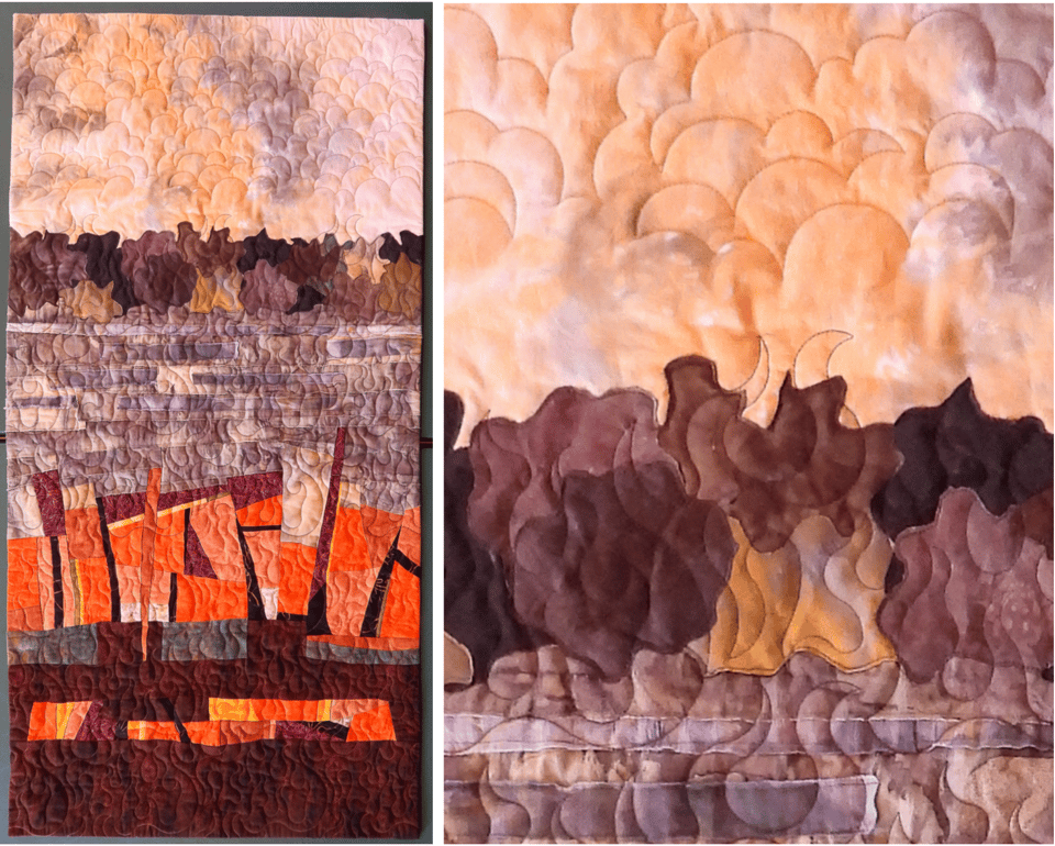 Where Fire Breathes the Prairie Awakes
Pieced and designed by Sandy Siewert, Zumbro Falls, MN
Quilted by Lorrie Sonnek, Red Wing, MN
Controlled burns rejuvenate native prairies.