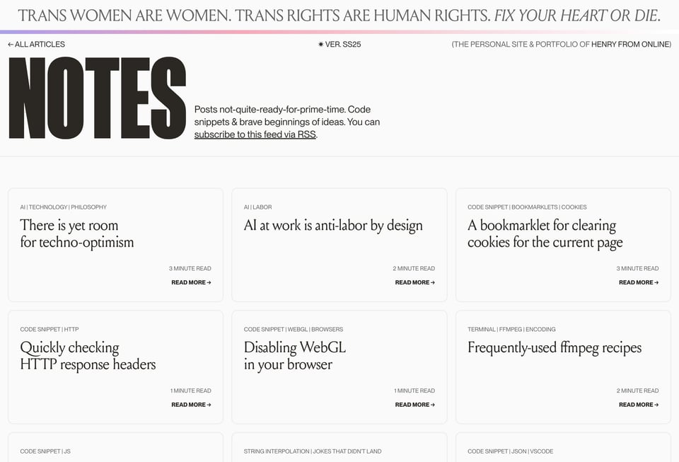 The notes page, with a grid of recent posts