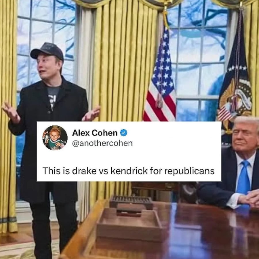 A photo of two gaping arseholes in the Oval Office - Trump and Musk. Overlaid on top of it is a tweet from @anothercohen: This is drake vs kendrick for republicans
