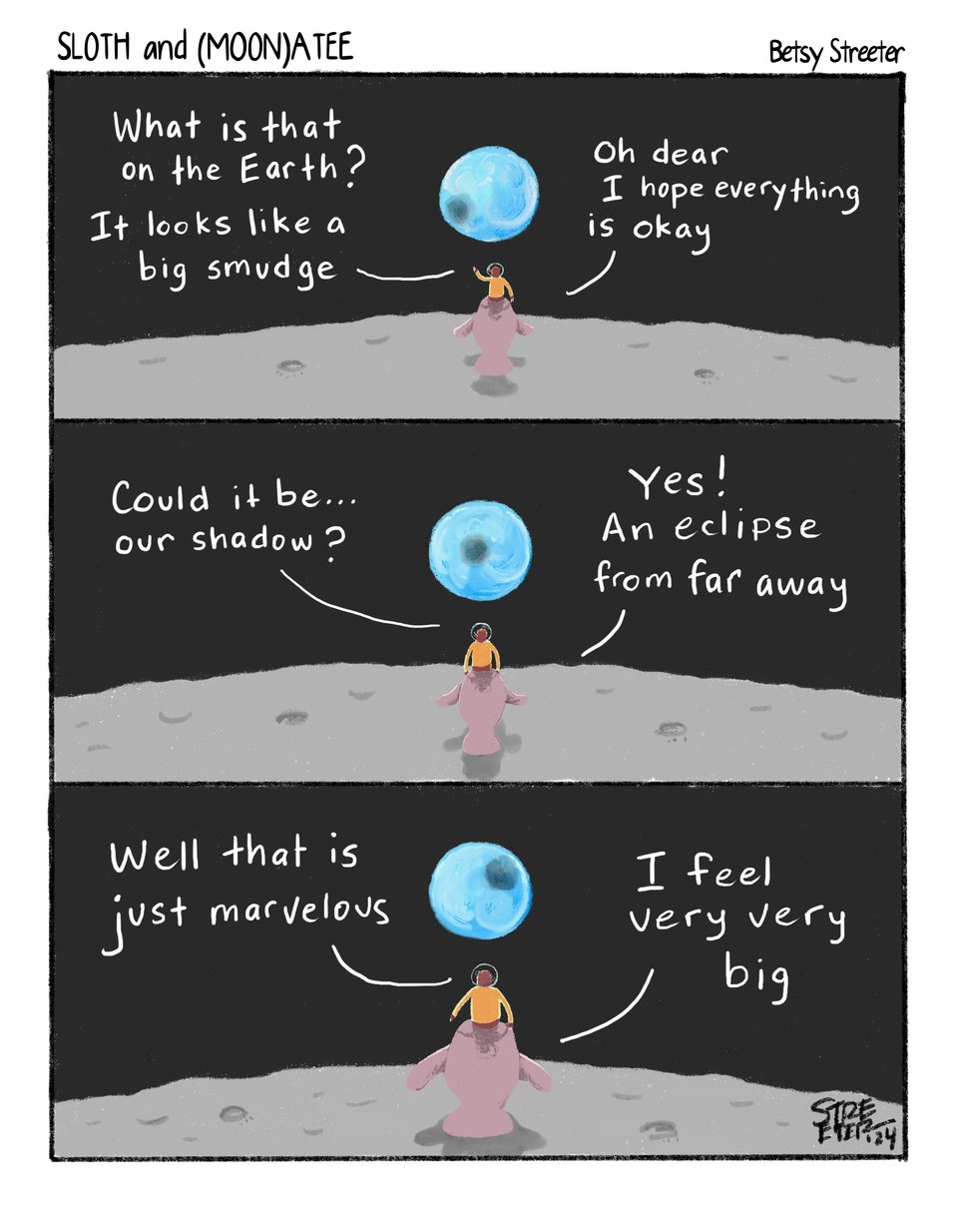 Sloth and Manatee comic in which they consider a solar eclipse from afar