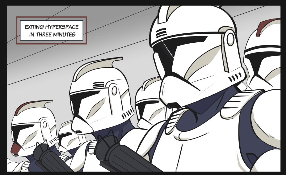 A comic panel with six Stormtroopers in two rows and a text box with text Exiting hyperspace in three minutes