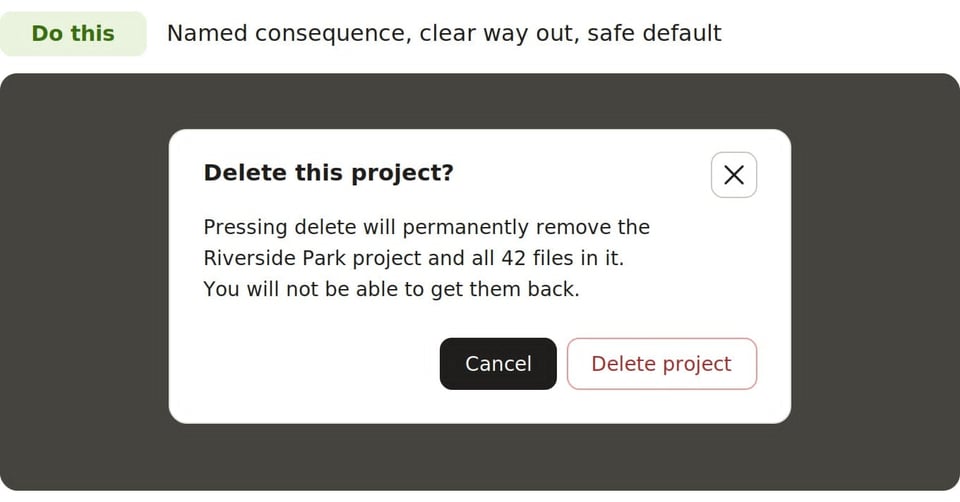 Delete project confirmation dialog explaining what will be permanently removed and providing clear Cancel and Delete options