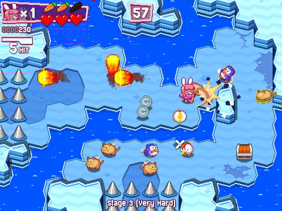 game screenshot: a winding path full of enemies, one of whom is being hit with a hammer