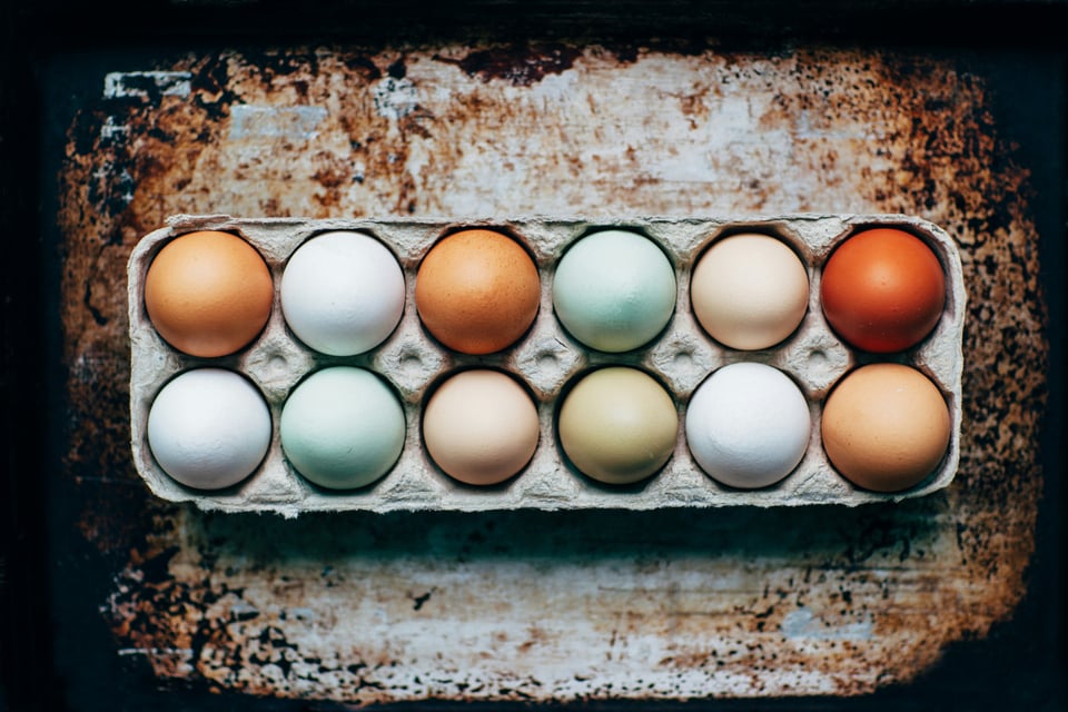 a dozen eggs in a carton sitting on a baking sheet. The eggs are brown, white, blue, and beige.