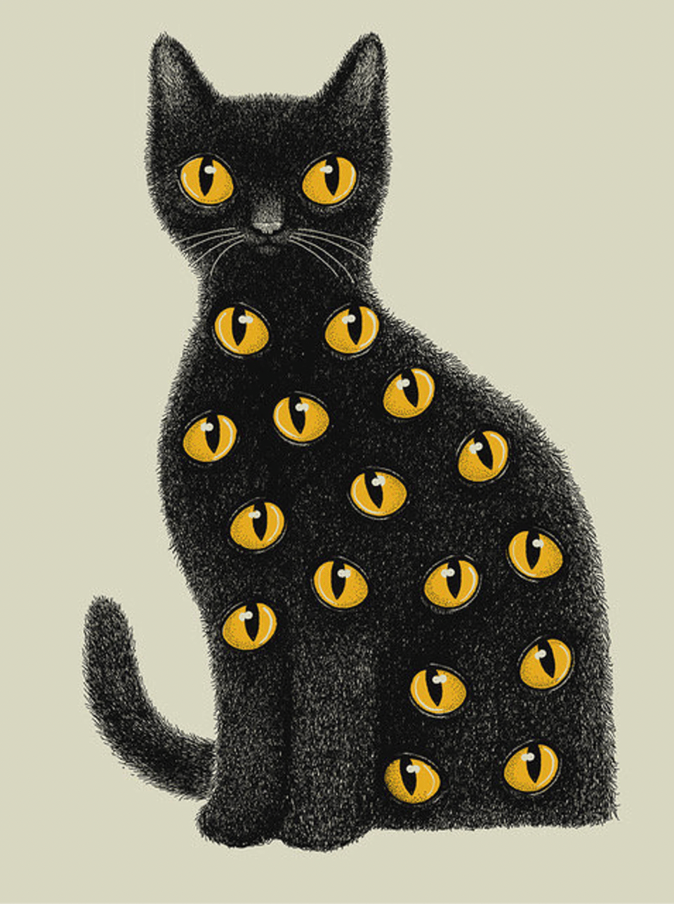 An illustration of a cat with its body covered in eyes