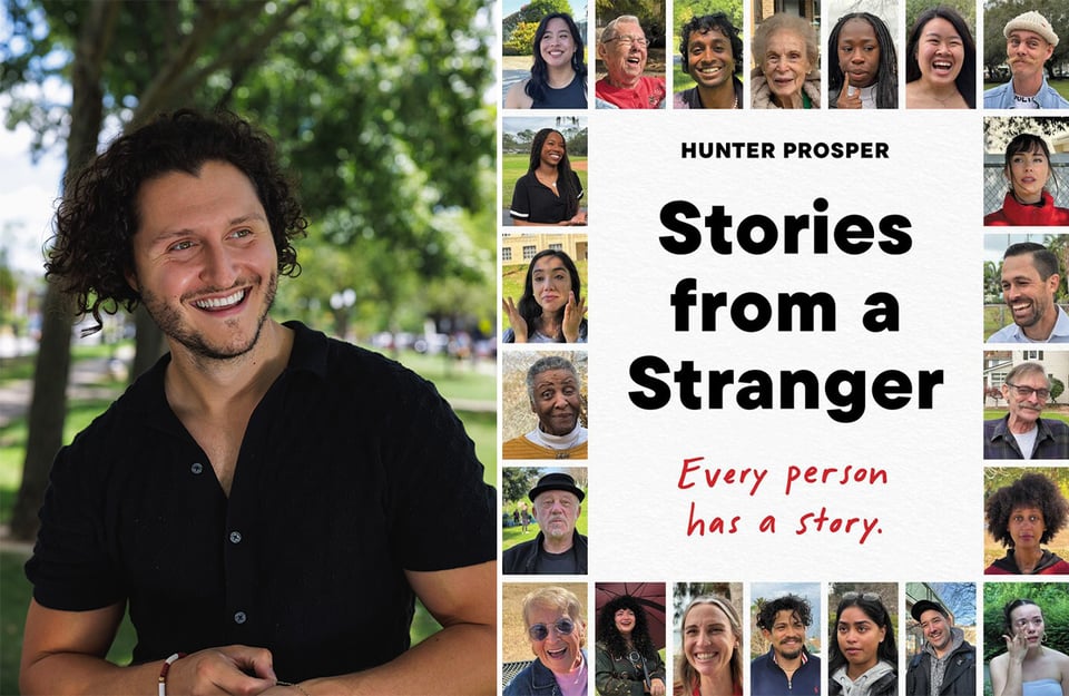 2 images: left, photo of ICU nurse, interviewer & all-around good human being Hunter Prosper, by Adrienne Estella; right, cover of Hunter's book, STORIES FROM A STRANGER