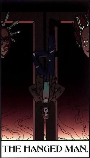 Um homem de jaqueta e calça jeans está pendurado numa estrutura metálica. Ao fundo, tons mais claros sugerem a luminosidade de um alvorecer ou um incêndio. Acima, duas cabeças que lembram máscaras rituais olham para o homem.