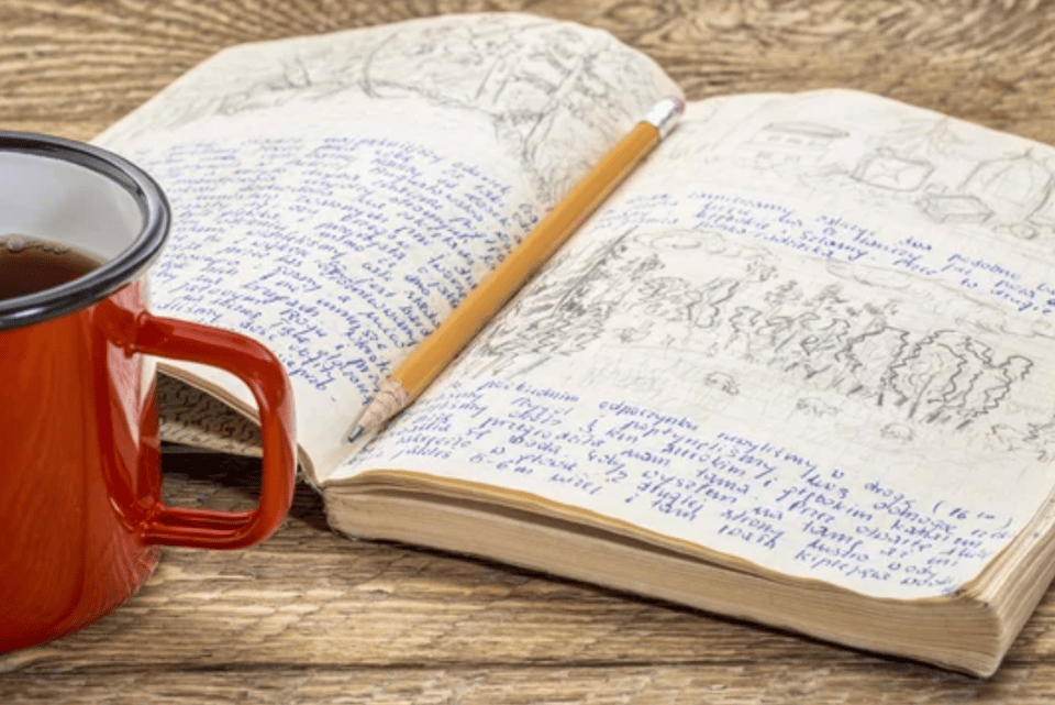 stock image of journal and coffee in orange mug