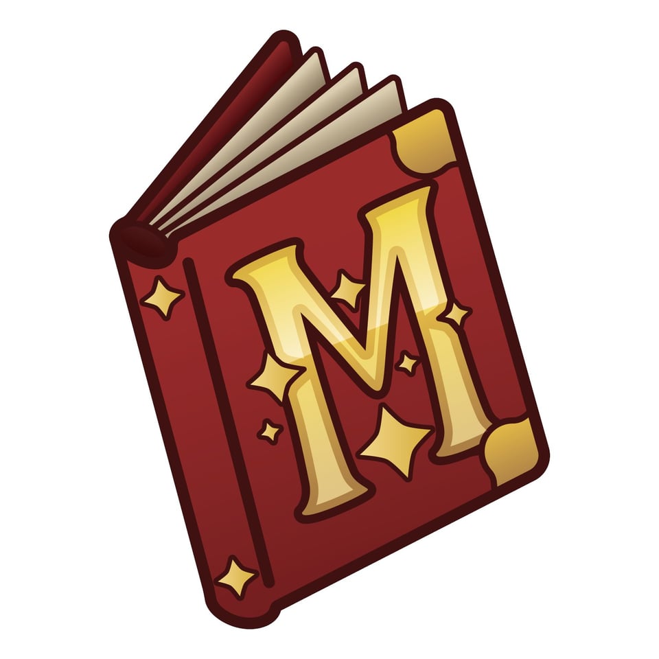 The logo for Misadventures SMP, which shows a brown bound book with yellowish-gold sparkles and a yellowish-gold M on the front cover.
