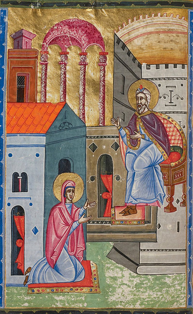Armenian icon. Woman in blue room and red veil kneels on the ground outside on a carpet, man with blue robe and purple cope stands nearby.