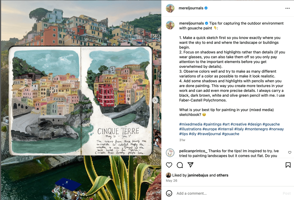 image of a colored journal of houses in Cinque Terra, on an Instagram account