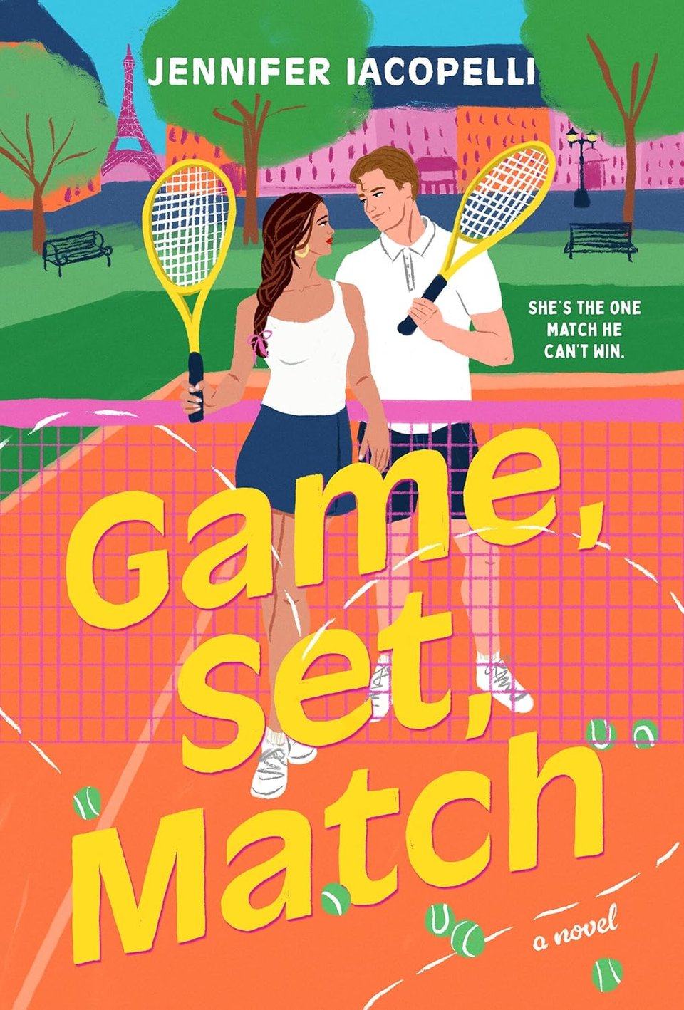 The cover of Game, Set, Match by Jennifer Iacopelli. A couple on a clay tennis court looking lovingly at each other with Paris in the background.