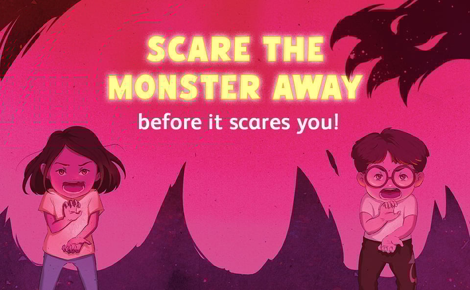 Promotional picture for Monster Hands children's book. Two children with fierce expressions confront a shadowy monster in dim red light. Their hands make roaring, gnashing monster shapes as ASL classifiers.