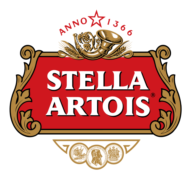 The Stella Artois logo, featuring the founding date of the brewery (1366), the original brewery symbol (a musical horn) and three gold medals for excellence.