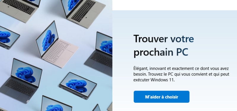 Capture écran de la page web windows 11 où il est écrit "Trouver votre prochain PC"