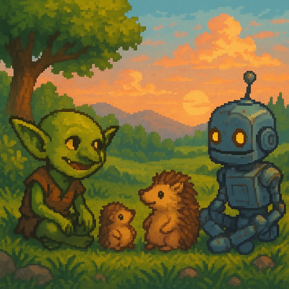 A pixel art landscape shows a goblin, a robot, and two hedgehogs sitting on a grassy hillside under a tree at sunset. The goblin, with green skin and a brown tunic, smiles warmly at the others. The blue robot has glowing yellow eyes and a small antenna, and sits on the right. Between them, a large hedgehog and a baby hedgehog face the goblin, as if listening to a story. Behind them, the sun sets over rolling hills and a sky streaked with orange and pink clouds, creating a peaceful, storybook atmosphere.