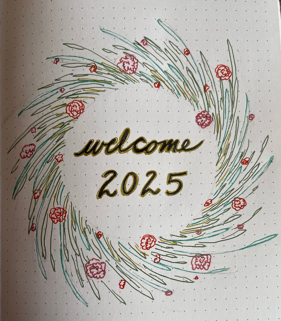 a minimalist style drawing of a wreath in tones of green with red and pink carnations strewn throughout. in the center are the words “welcome 2025” in black script