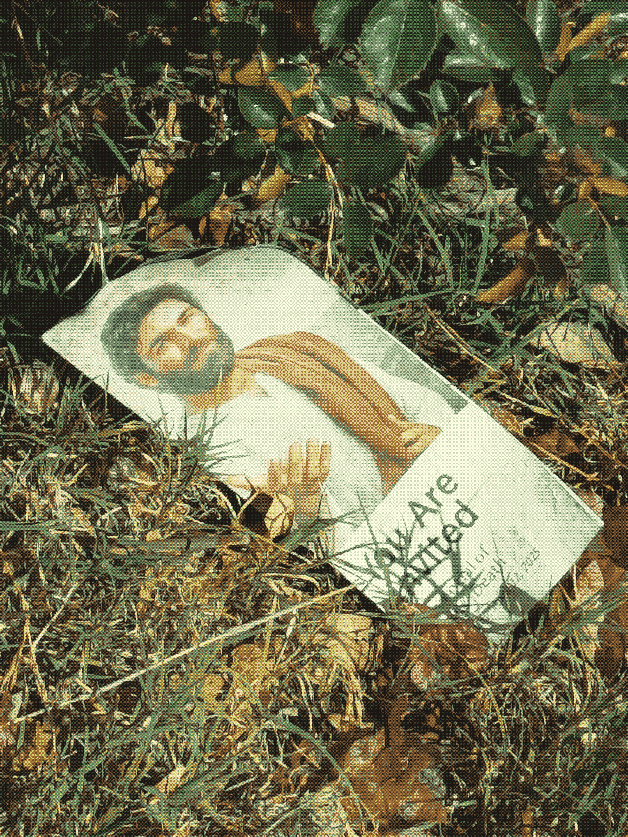 Photo (with a dithering effect applied) of what appears to be a religious pamphlet discarded in a lawn. A Jesus-like figure extends a hand, and text reads 'You are invited.'