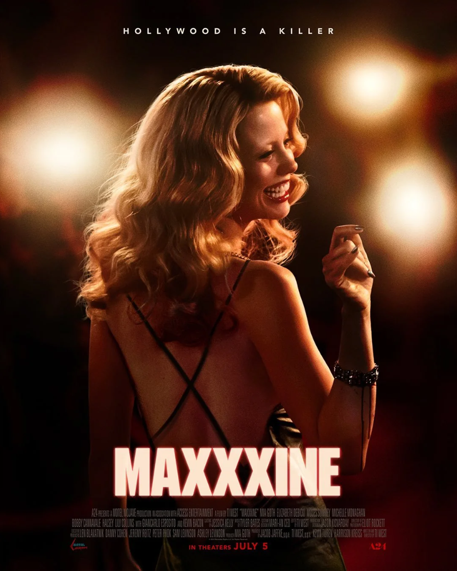 Movie poster for the film MaXXXine (2024). The tagline "Hollywood is a killer" is at the top, and Mia Goth as Maxine Minx is walking down the red carpet toward photographers, her back is to the viewer and she's looking to her right, smiling and waving. She's wearing a dress with straps that form an X across her back.