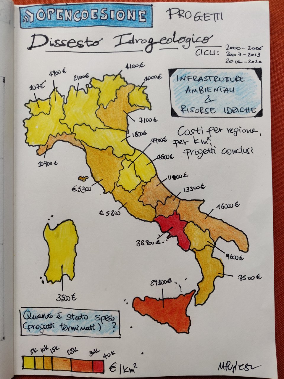 A hand-drawn map of Italian regions with EU Cohesion funds per population in regards to projects about environment and use of water resources, colour coded so you see the South receives more funds.