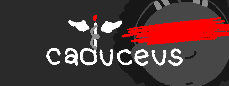 Key art and logo of the game "caduceus". A girl's face sits behind the game's logo. The girl's eyes are scribbled out in red.