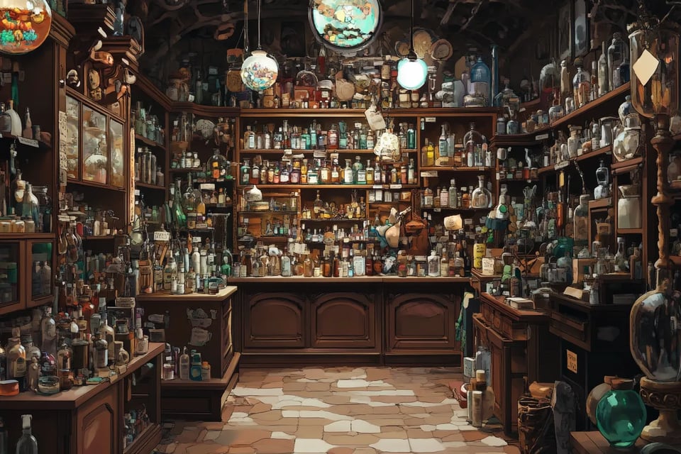 an apothecary full of interesting and and shiny objects, all very bountiful. in a clean anime style like mobius, with a hint of ms escher